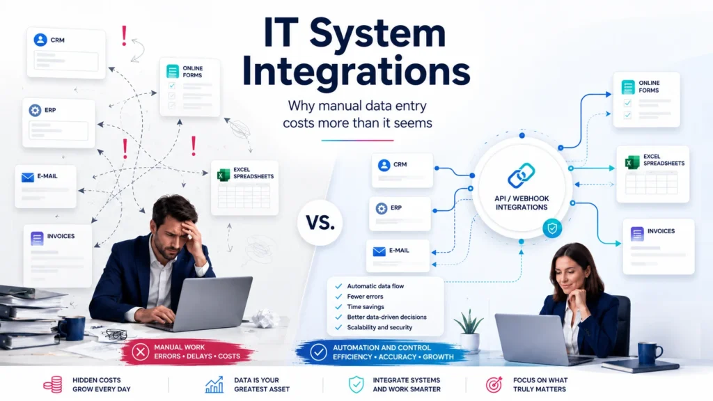 IT system integrations automating data flow between CRM, ERP, email, invoices, online forms and spreadsheets
